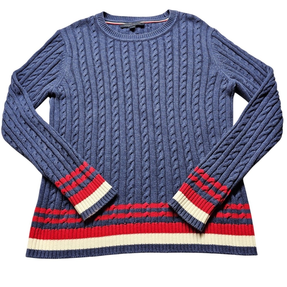 Tommy Hilfiger Womens Cable Knit Sweater Navy Blue Red White Stripe Size L